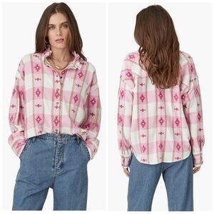 Xirena Jensen Cotton Flannel Snap Front Shirt in Pink/Ivory - NEW - Size Large